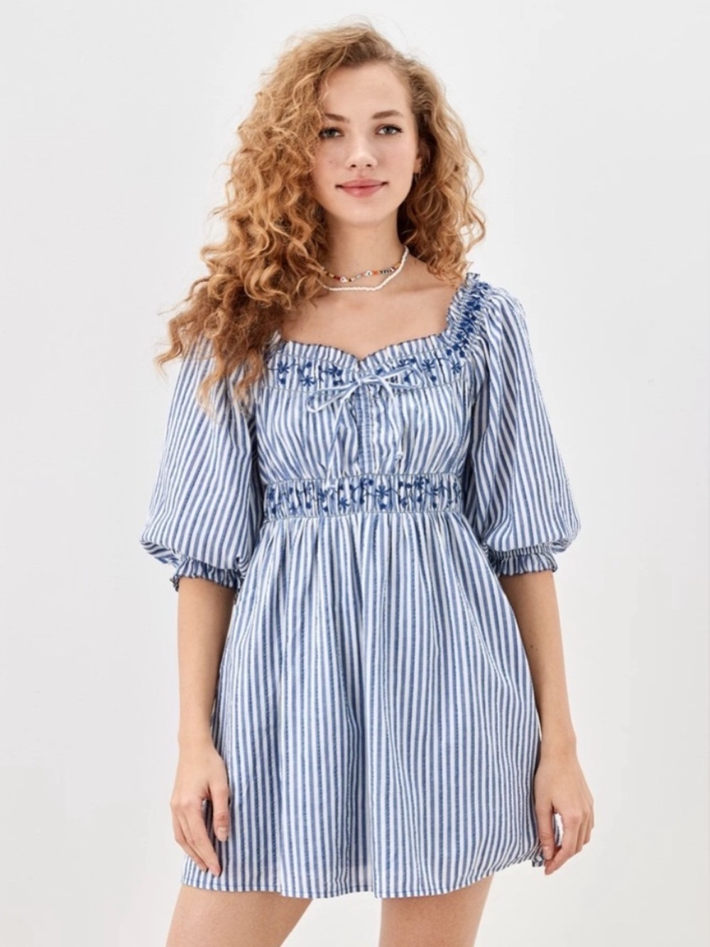 American Eagle Outfitters Puff-Sleeve Mini Dress in Blue and White Stripe